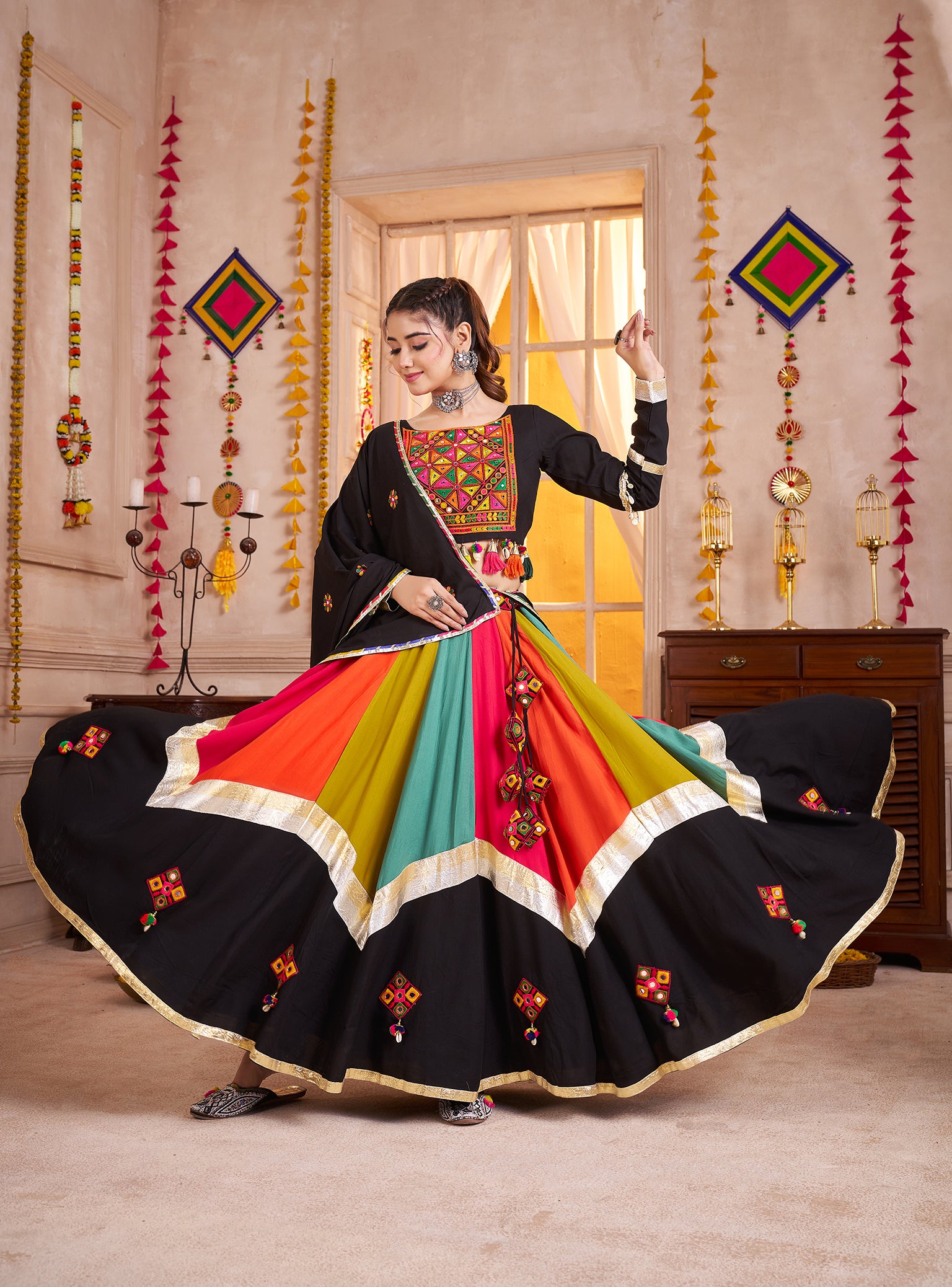 Black Viscose Cotton Multi Color Navratri Lehenga Choli