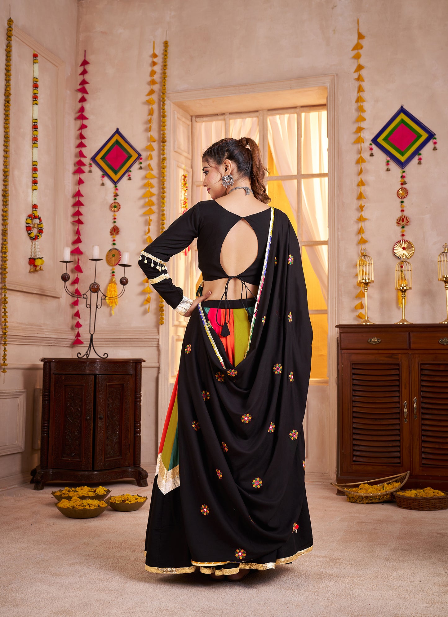 Black Viscose Cotton Multi Color Navratri Lehenga Choli