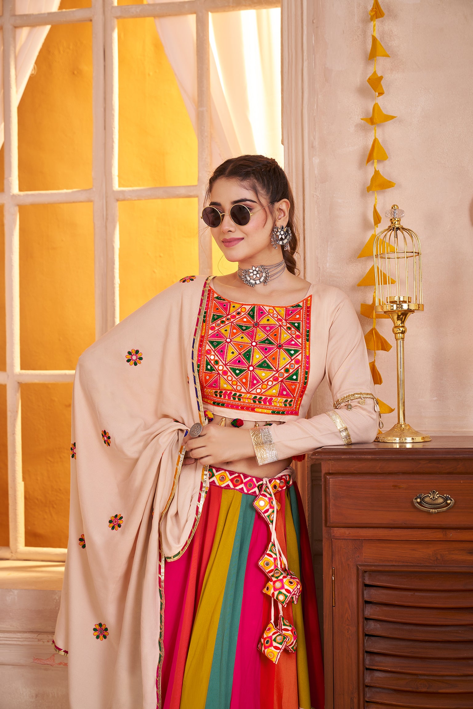 Beige Viscose Cotton Multi Color Navratri Lehenga Choli