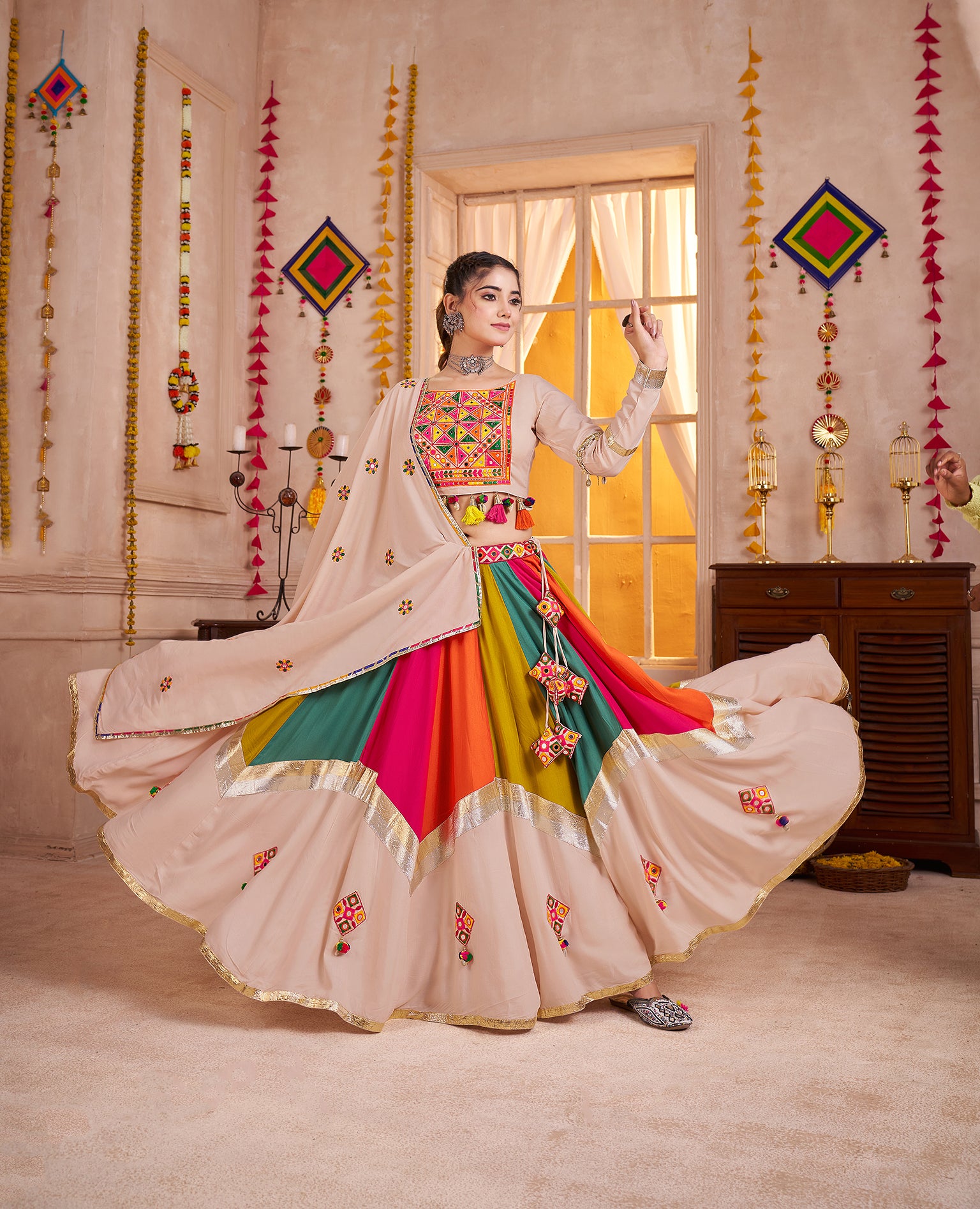 Beige Viscose Cotton Multi Color Navratri Lehenga Choli