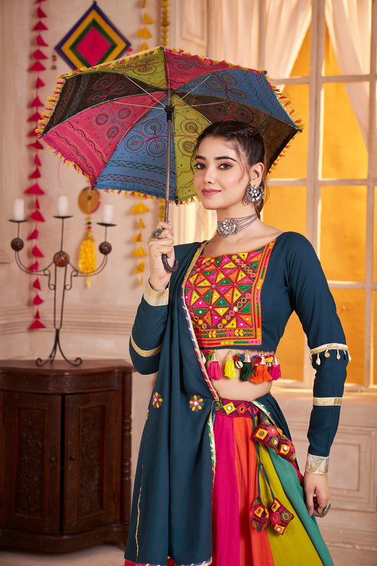 Teal Blue Viscose Cotton Multi Color Navratri Lehenga Choli