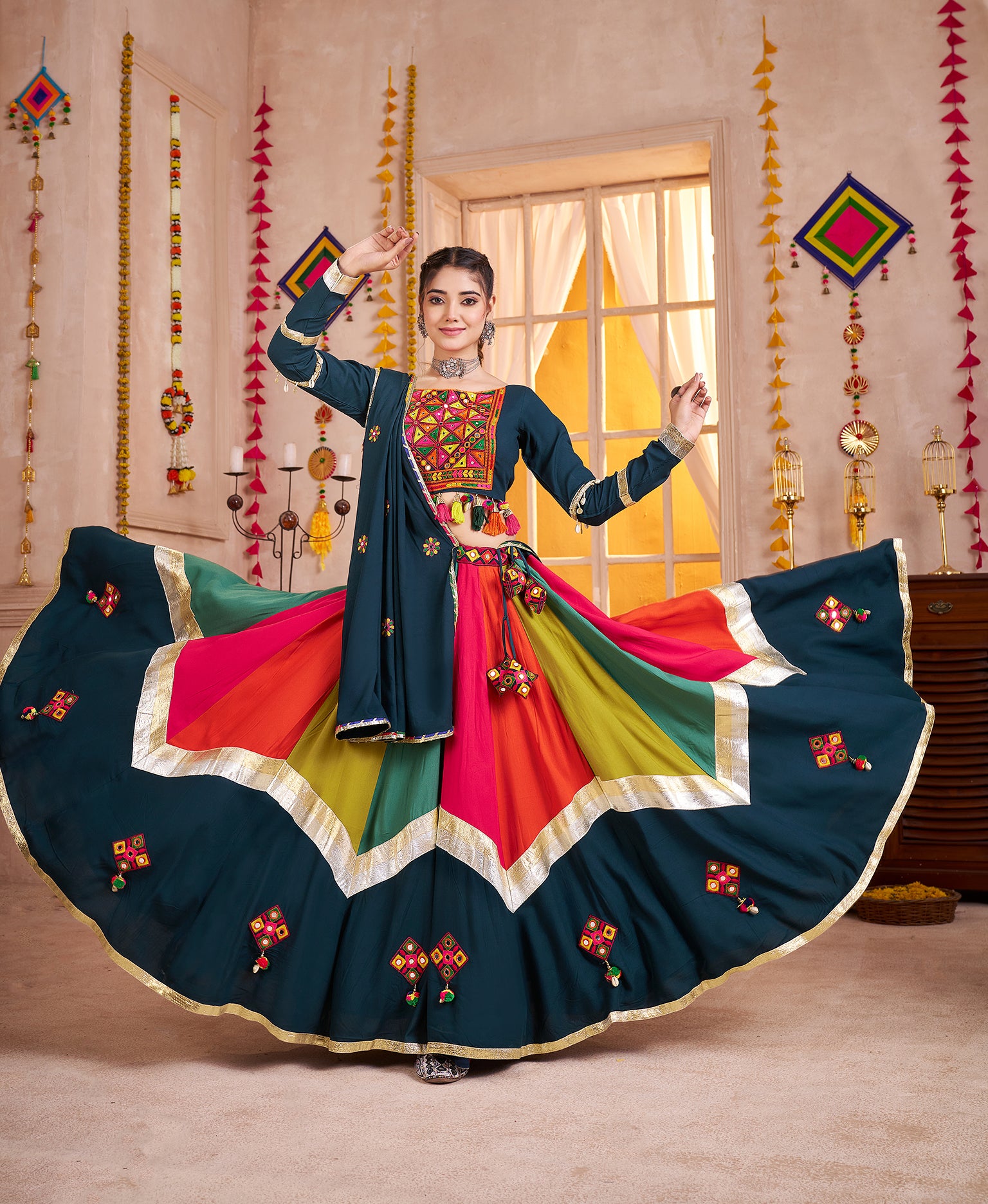 Teal Blue Viscose Cotton Multi Color Navratri Lehenga Choli