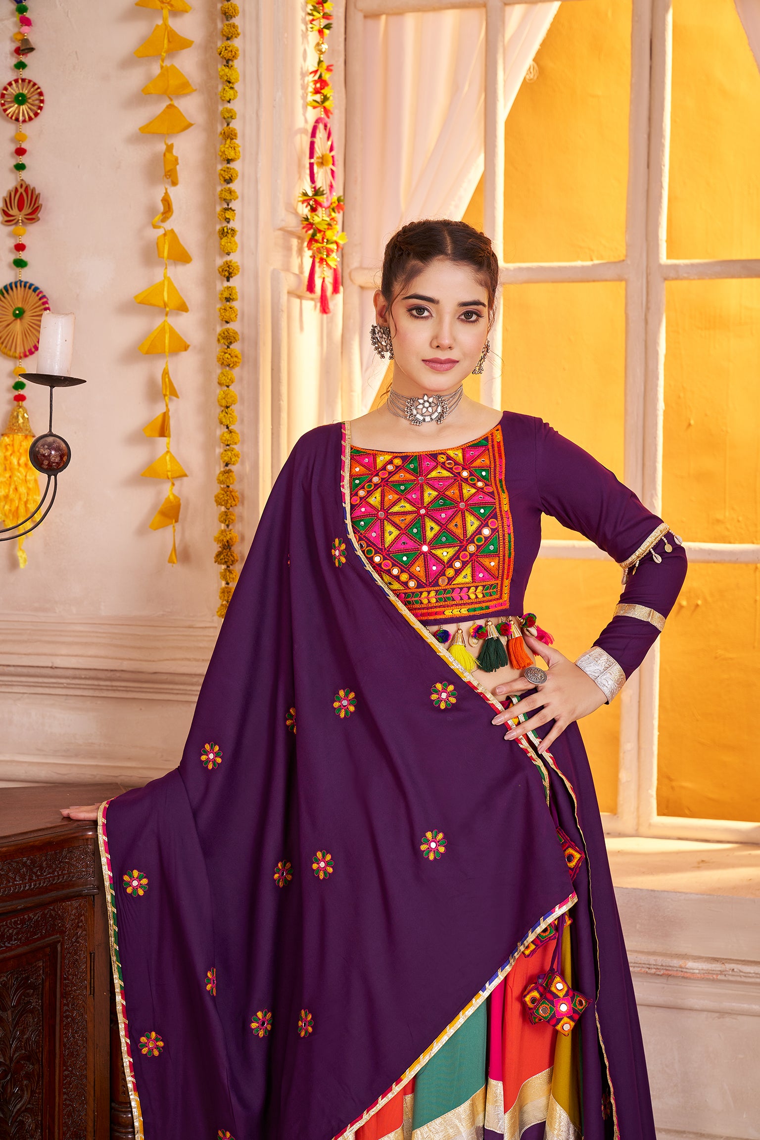 Gorgeous Purple Viscose Cotton Multi Color Navratri Lehenga Choli