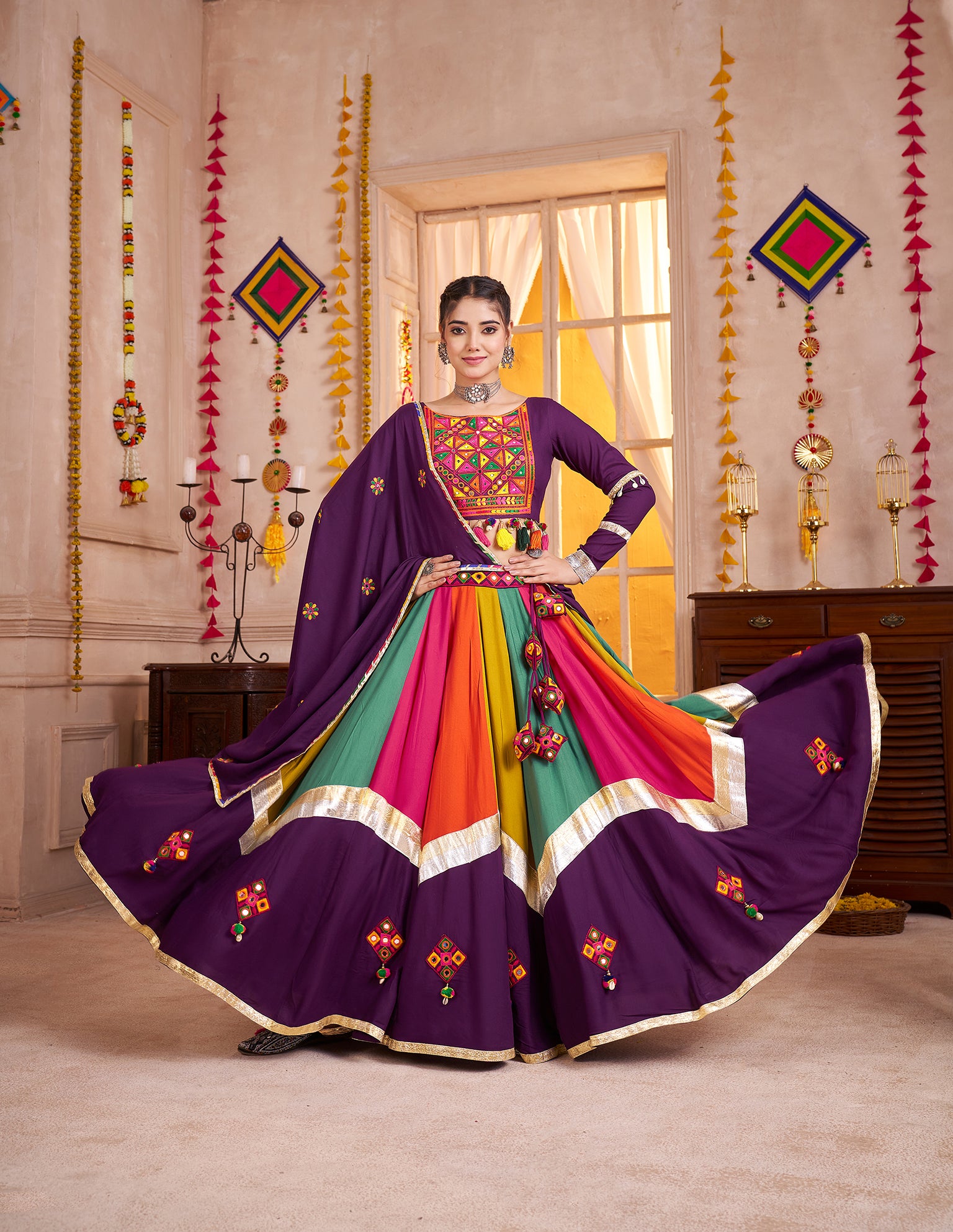 Gorgeous Purple Viscose Cotton Multi Color Navratri Lehenga Choli