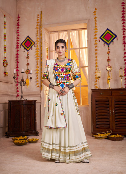 White Viscose Cotton White Navratri Lehenga Choli