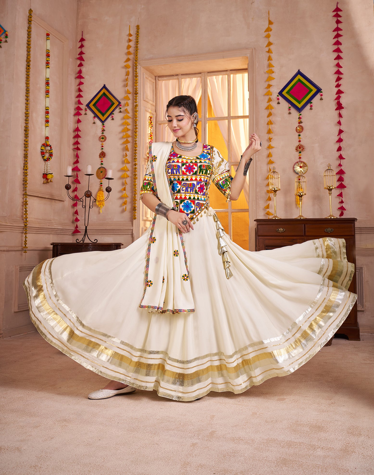 White Viscose Cotton White Navratri Lehenga Choli