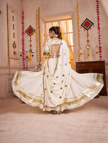 White Viscose Cotton White Navratri Lehenga Choli