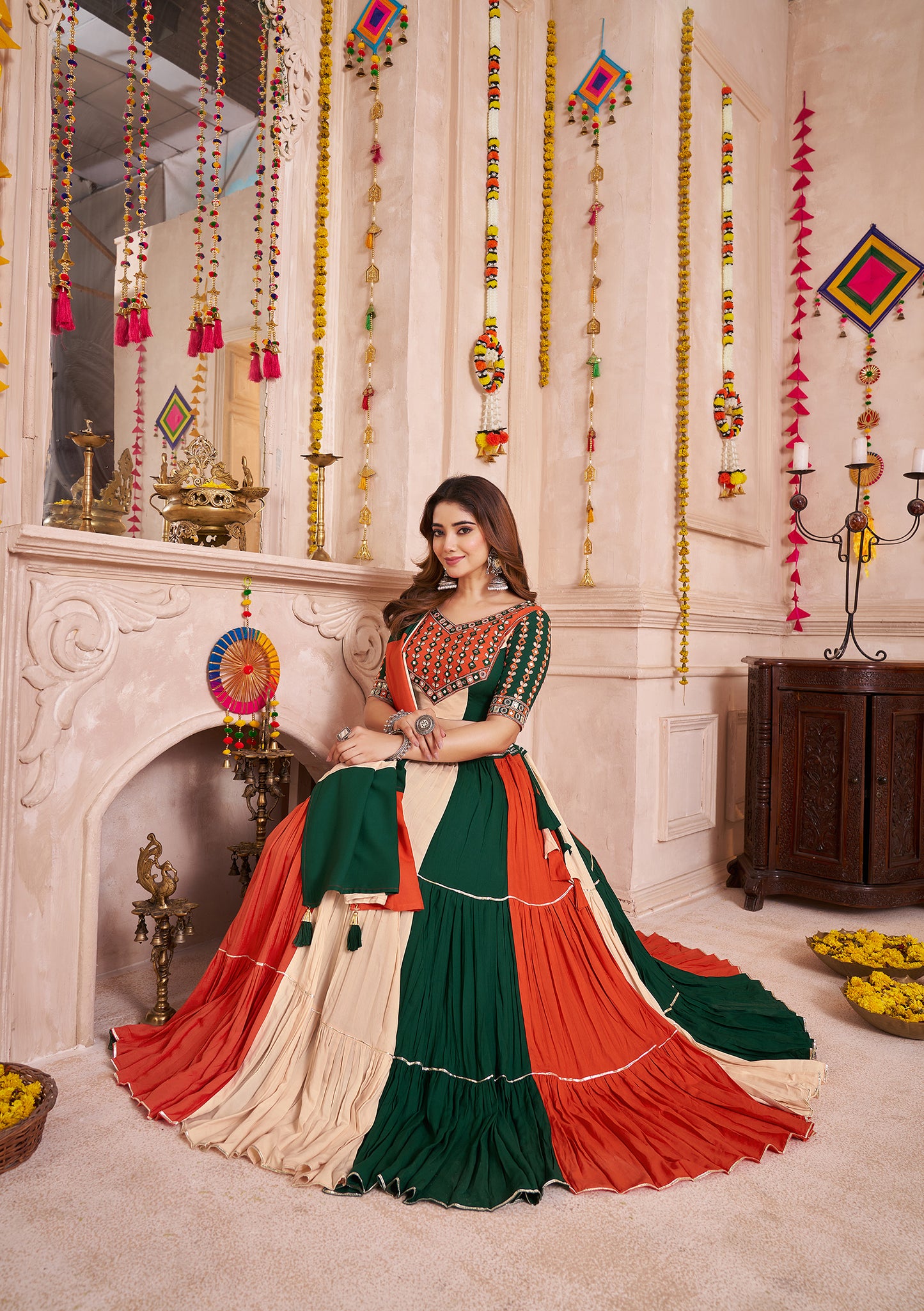 Multi Color Viscose Cotton Frill And Flair Concept Navratri Lehenga Choli