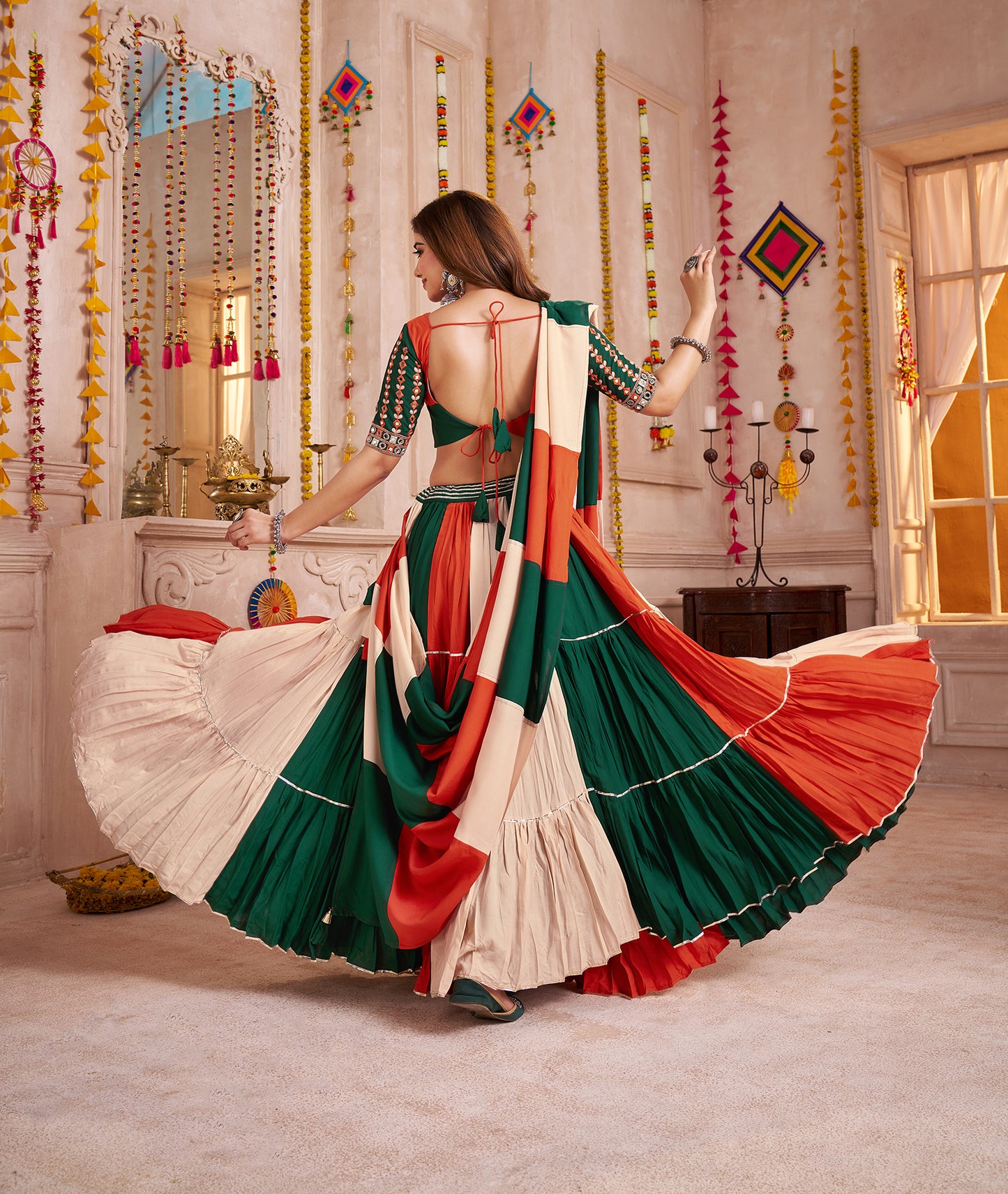 Multi Color Viscose Cotton Frill And Flair Concept Navratri Lehenga Choli