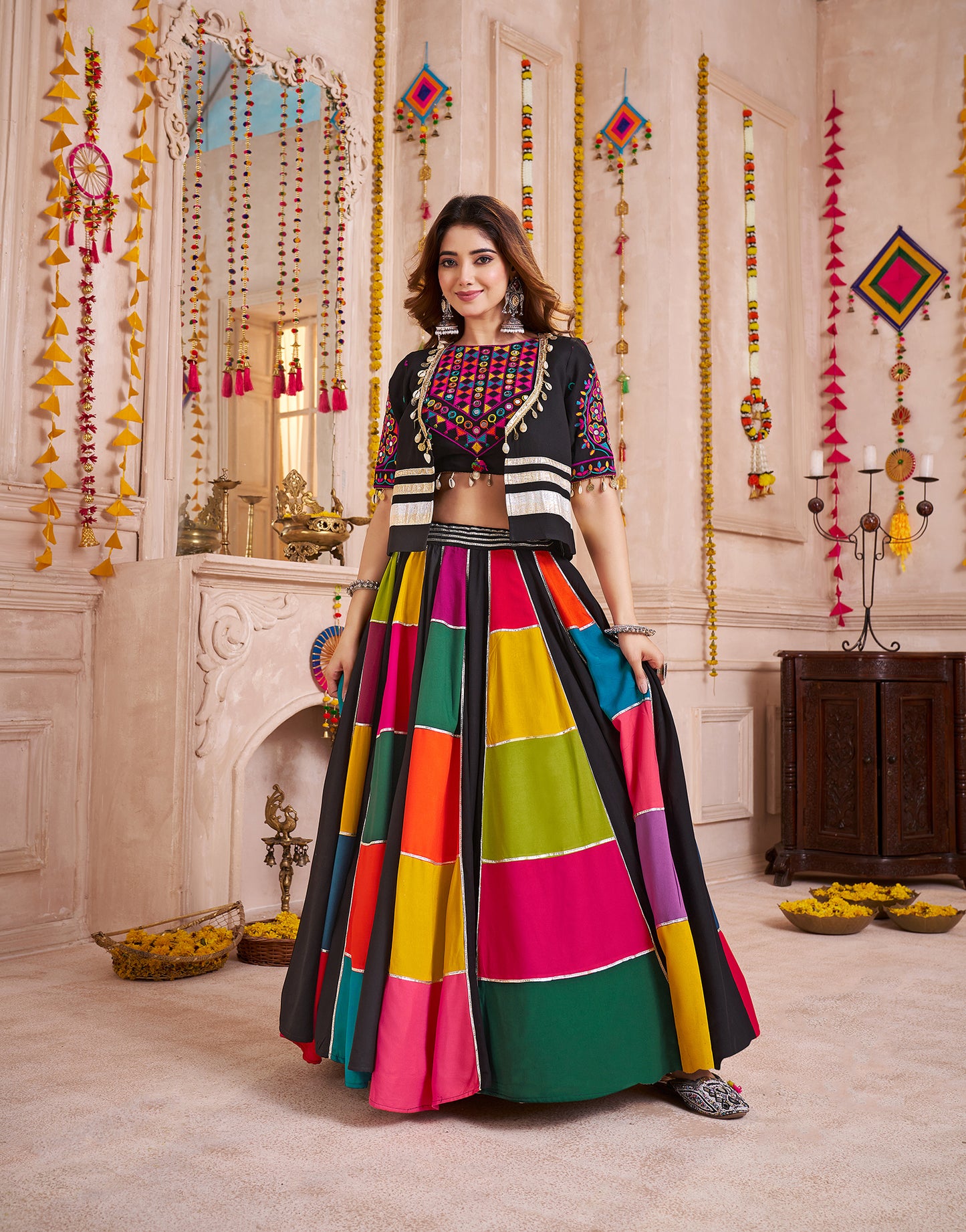 Multi Color Viscose CottonColor Patch Work Navratri Lehenga Choli