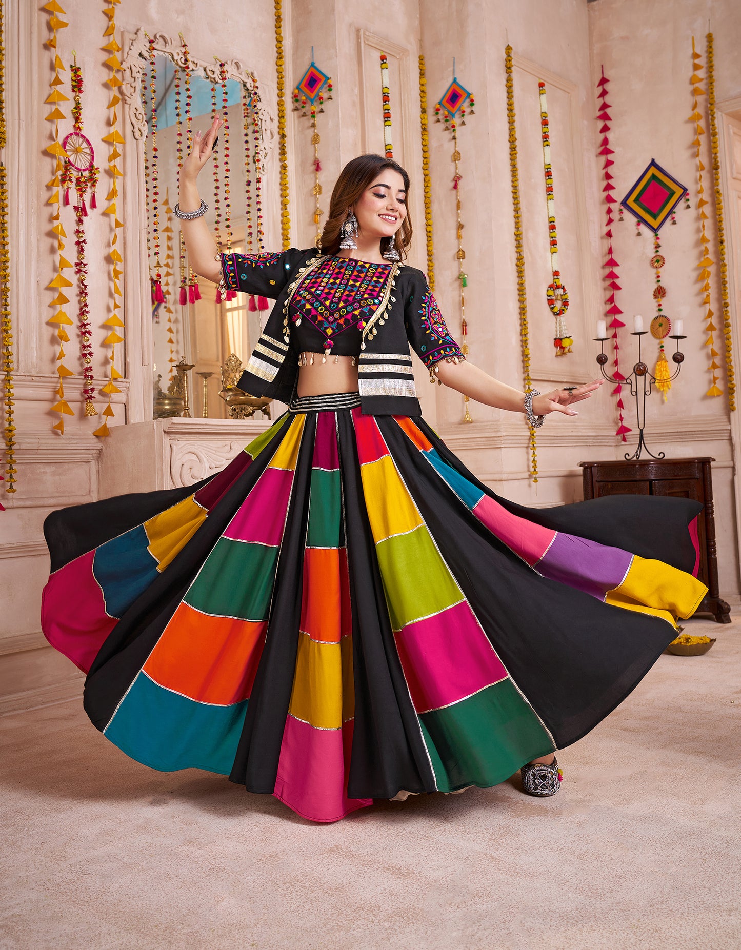 Multi Color Viscose CottonColor Patch Work Navratri Lehenga Choli