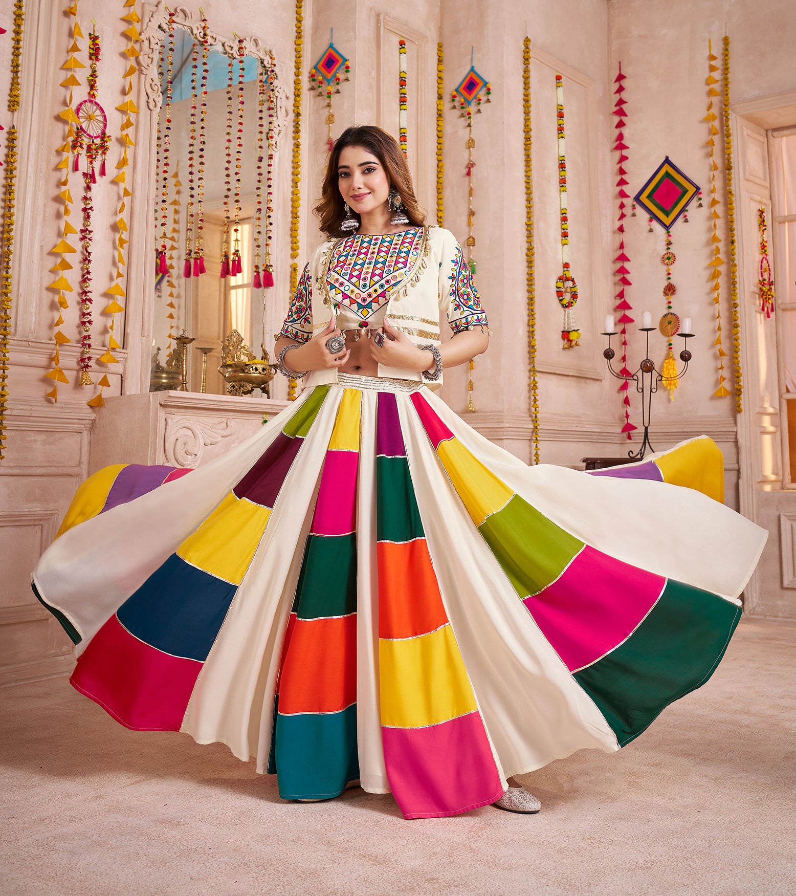 Stylish White Viscose Cotton Kutchi Patch Work Navratri Lehenga Choli