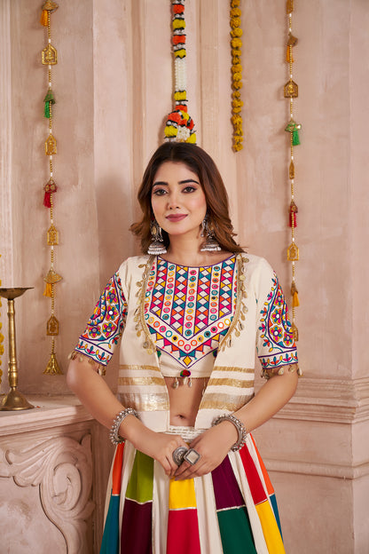 Stylish White Viscose Cotton Kutchi Patch Work Navratri Lehenga Choli