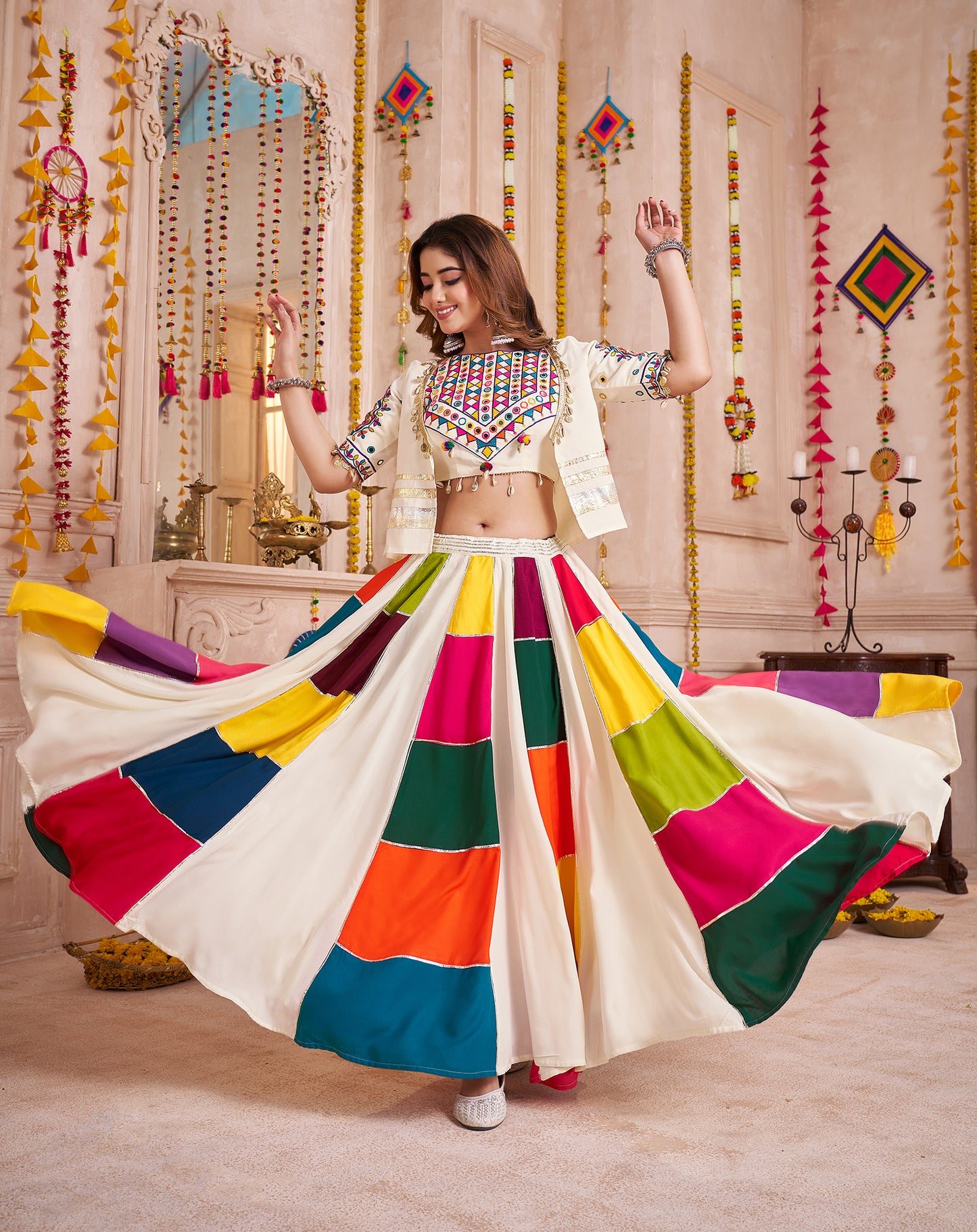 Stylish White Viscose Cotton Kutchi Patch Work Navratri Lehenga Choli