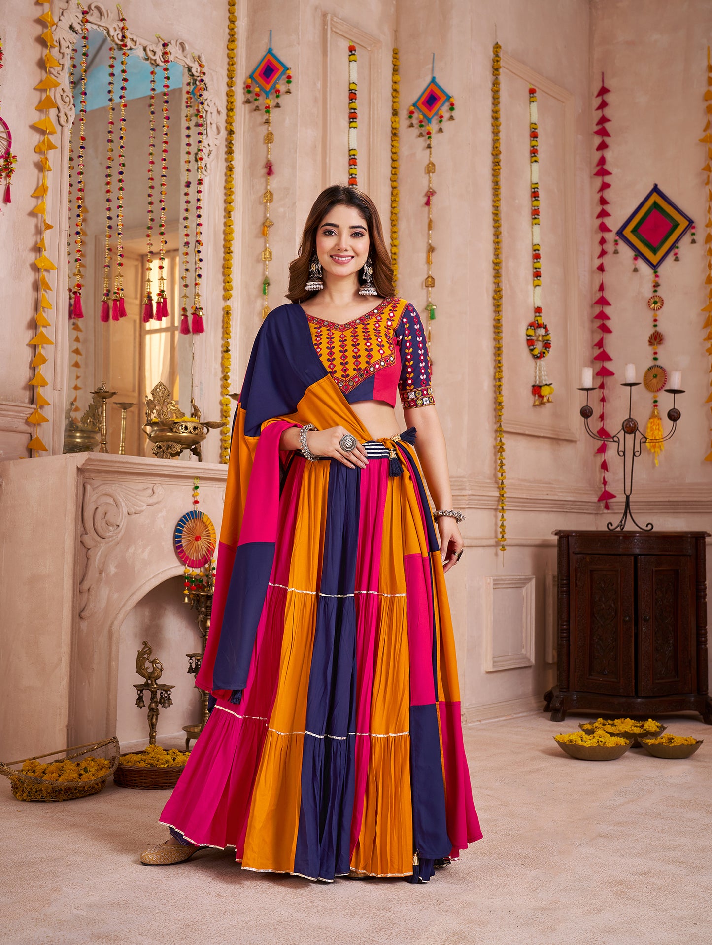 Stylish Multi Color Viscose Cotton Kutchi Patch Work Navratri Lehenga Choli