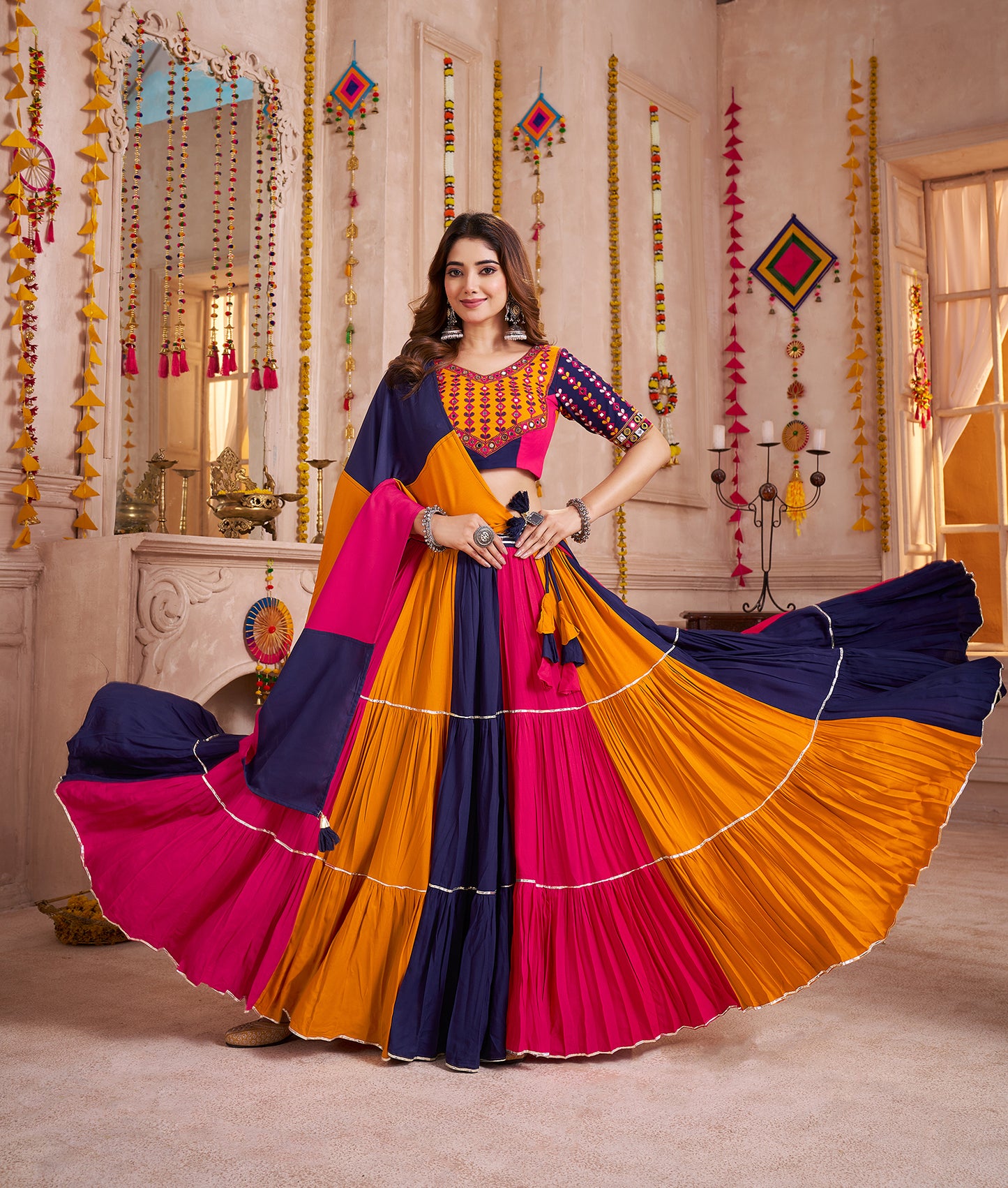 Stylish Multi Color Viscose Cotton Kutchi Patch Work Navratri Lehenga Choli