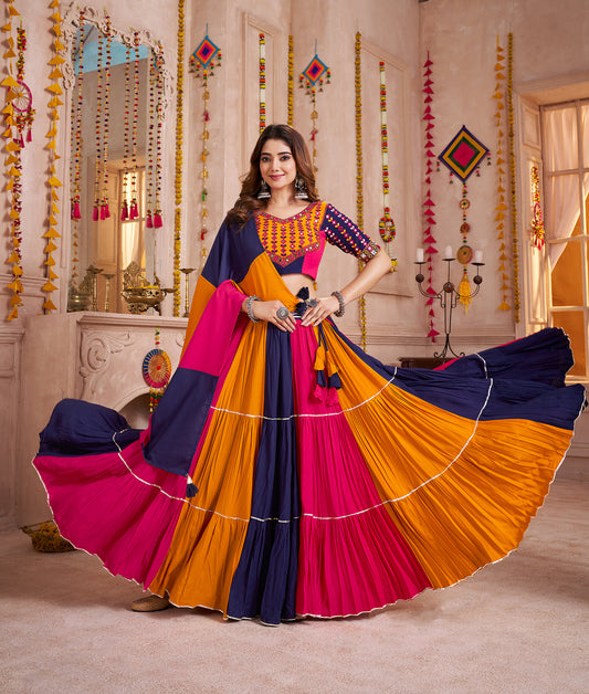 Stylish Multi Color Viscose Cotton Kutchi Patch Work Navratri Lehenga Choli