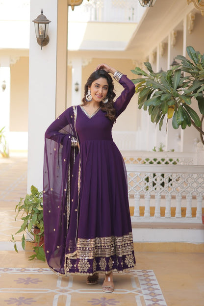 Wine Colour Faux Blooming Gown With Dupatta With Attractive Embroidered Sequins Work