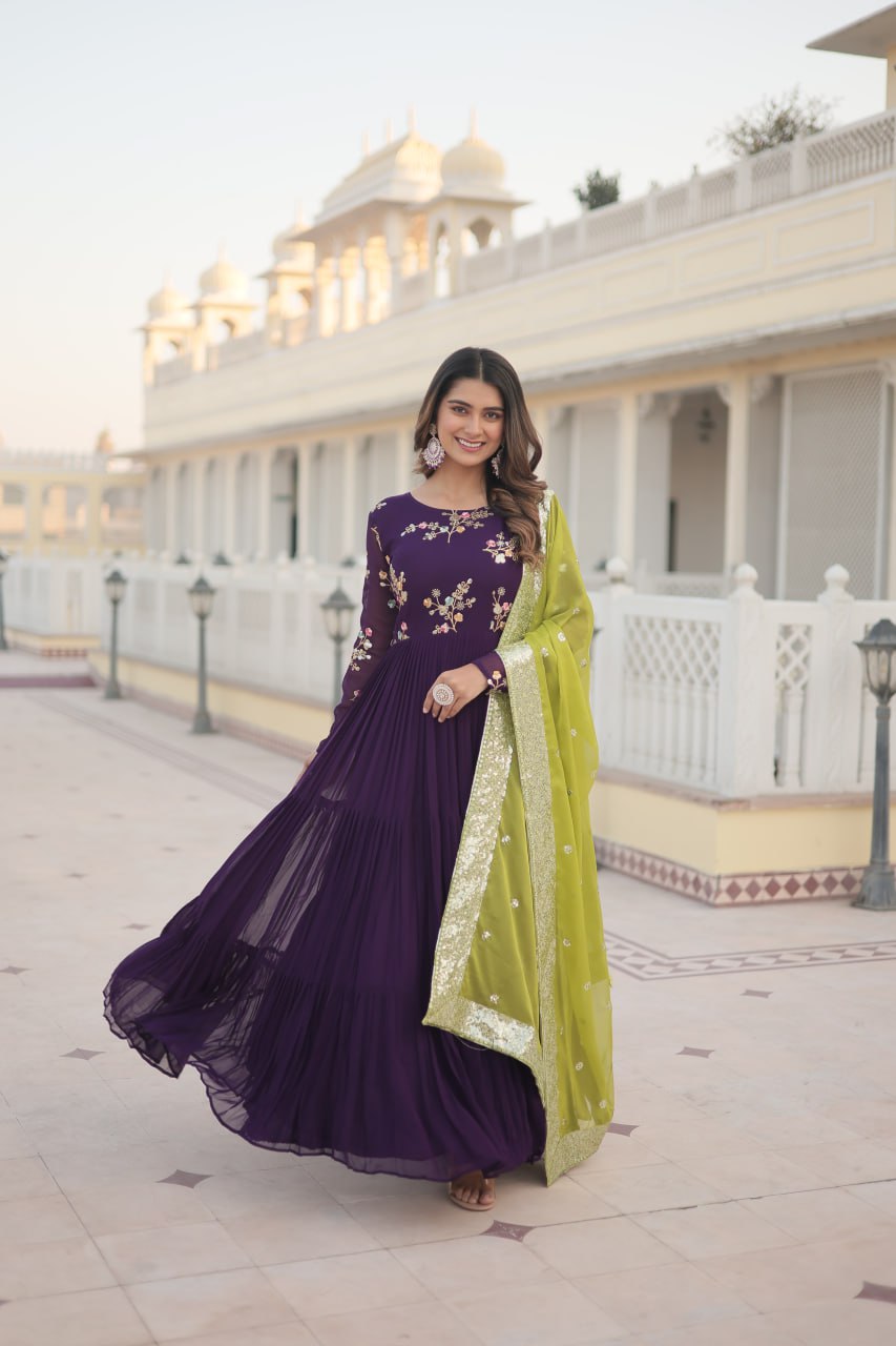 Purple Faux Georgette Gown With Russian Silk Dupatta With Adorable Embroidered Thread Work