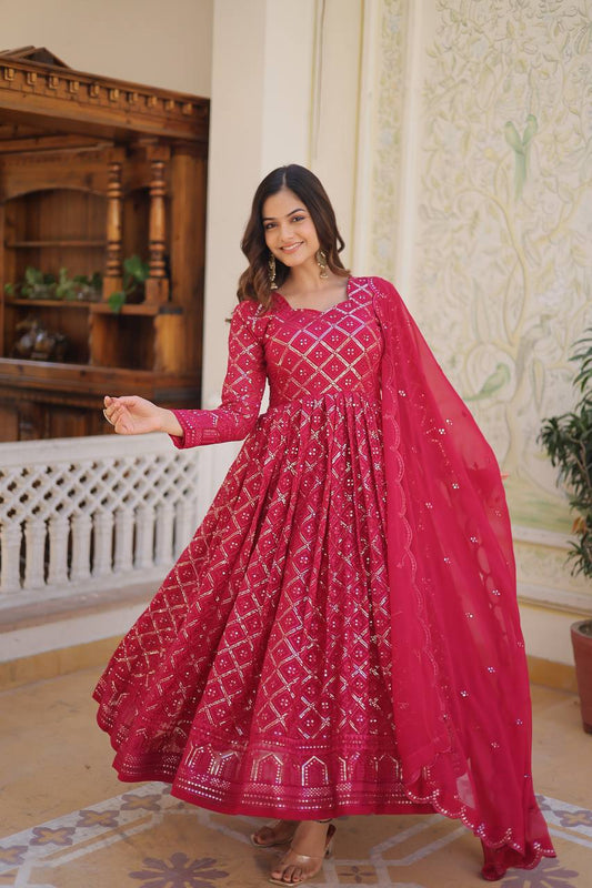 Rani Colour Faux Blooming With Sequins Embroidered Work Gown With Dupatta