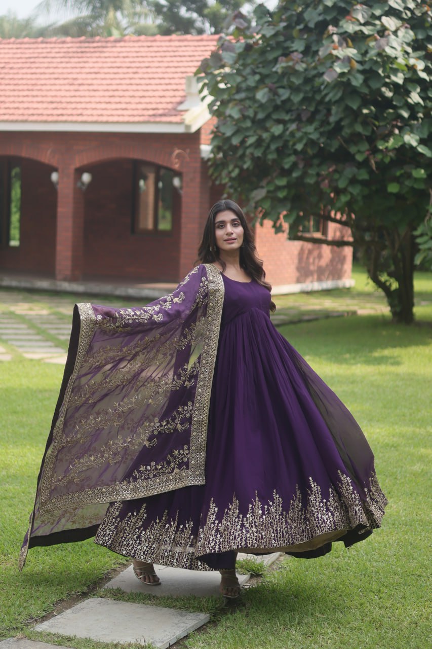 Purple  Faux Blooming Gown With Dupatta With Attractive Embroidered Sequins Work With Lace Border