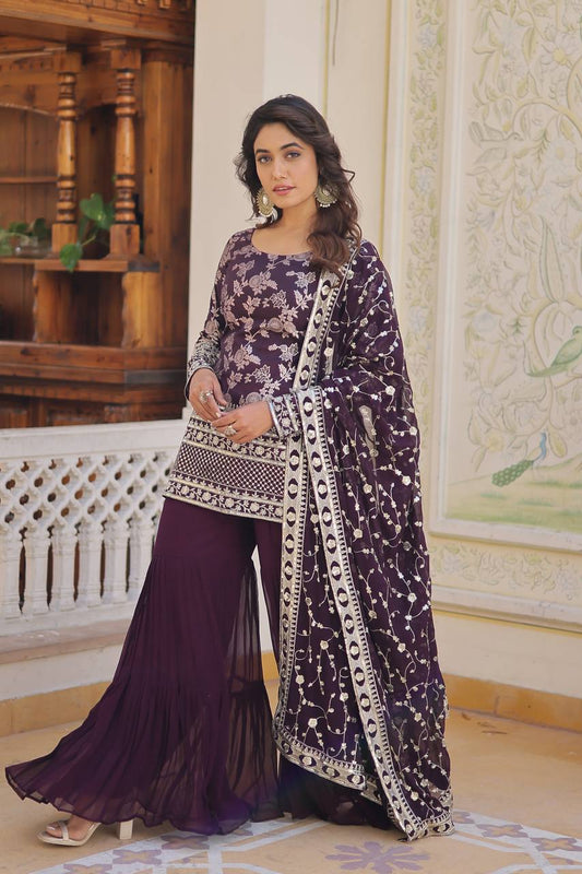 Wine Viscose Jacquerd Sequins And Zari Embroidered Work Top Gharara With Dupatta