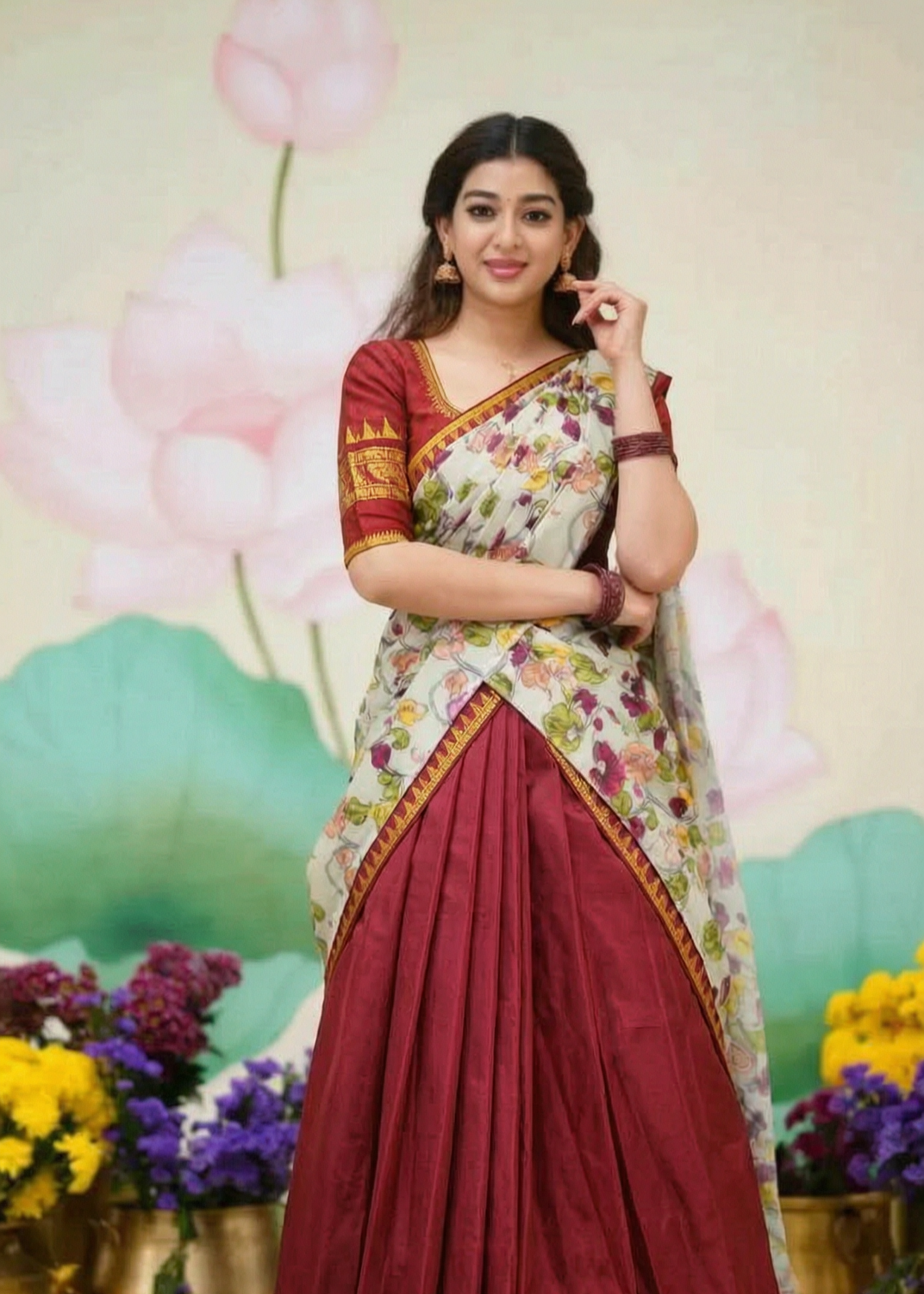 Maroon jacquard silk half saree with gold zari temple elephant border and floral print dupatta
