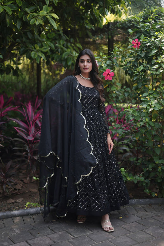 Black Faux Georgette With Parallel Chex Designed Sequins Multi And Thread Embroidered Work Gown