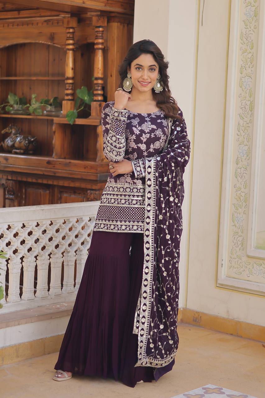 Wine Viscose Jacquerd Sequins And Zari Embroidered Work Top Gharara With Dupatta