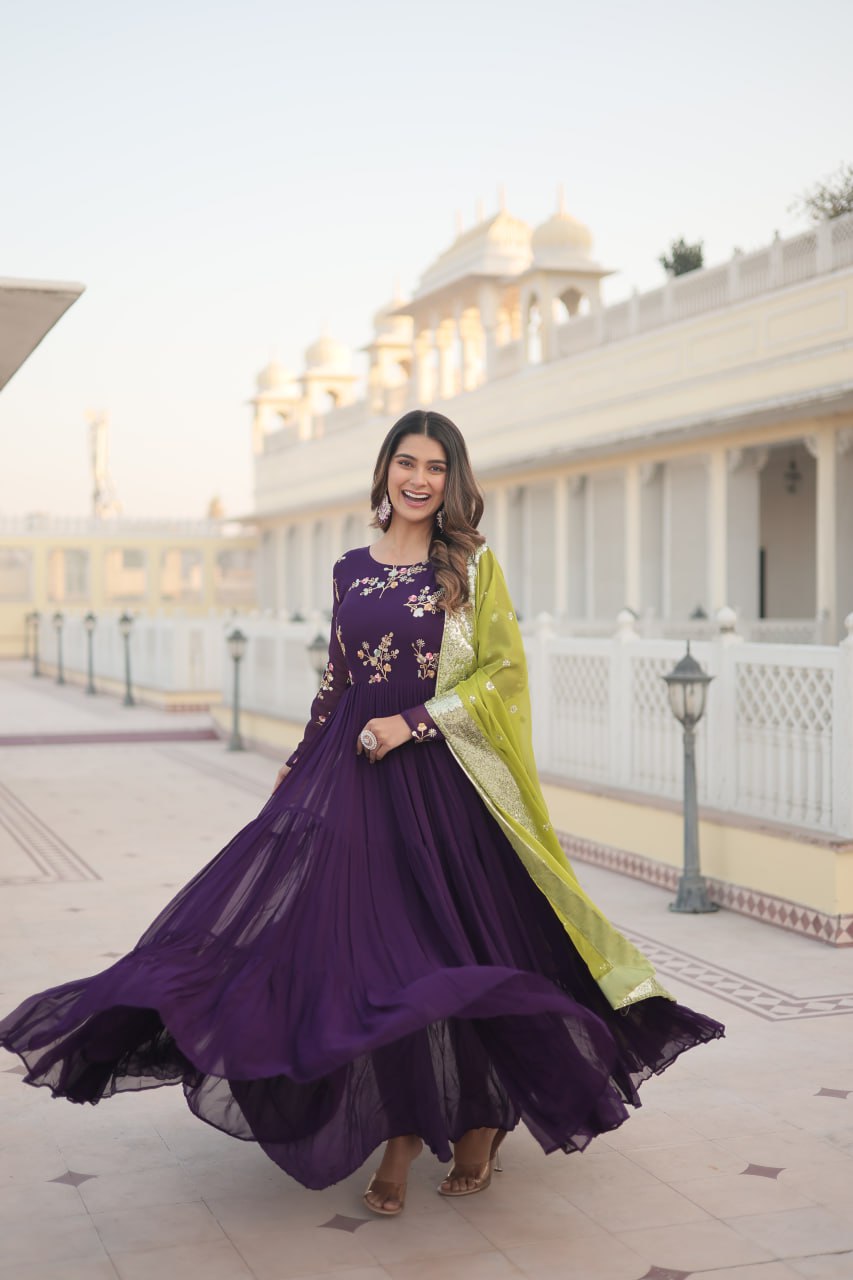 Purple Faux Georgette Gown With Russian Silk Dupatta With Adorable Embroidered Thread Work