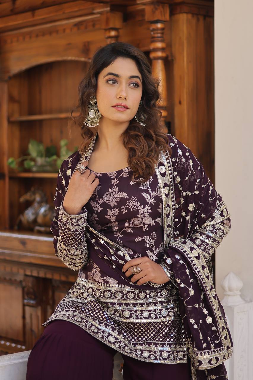 Wine Viscose Jacquerd Sequins And Zari Embroidered Work Top Gharara With Dupatta