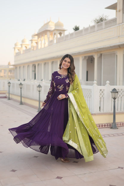 Purple Faux Georgette Gown With Russian Silk Dupatta With Adorable Embroidered Thread Work