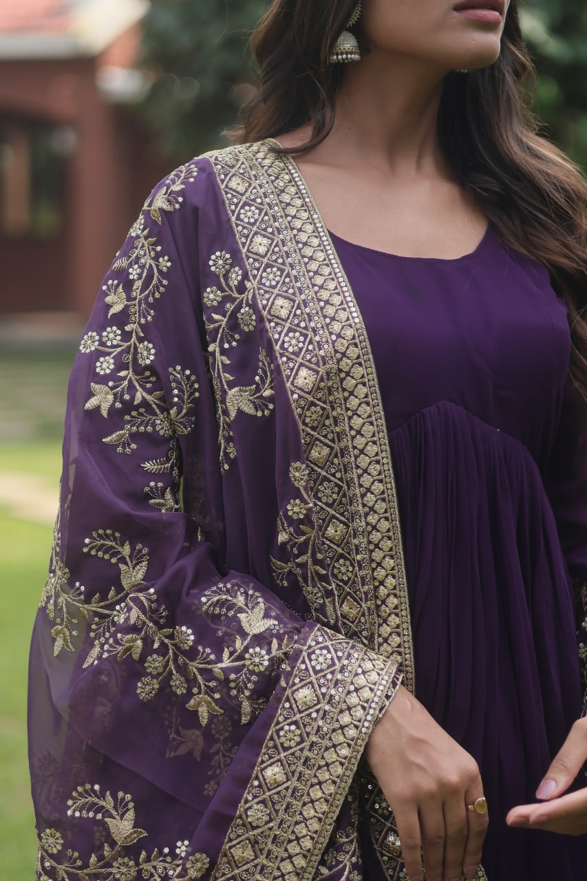 Purple  Faux Blooming Gown With Dupatta With Attractive Embroidered Sequins Work With Lace Border