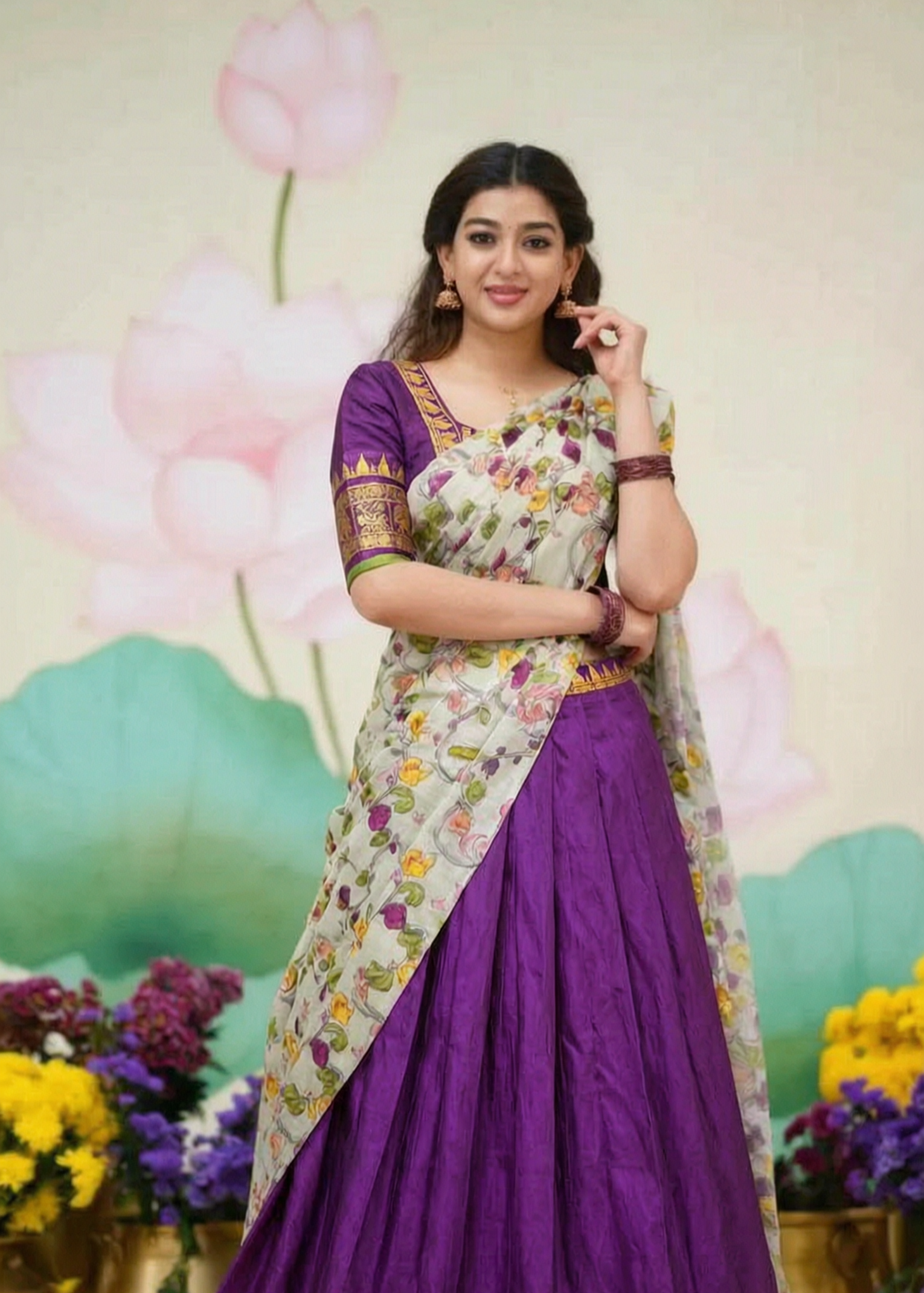 Half saree function purple lehenga with floral print dupatta and zari border
