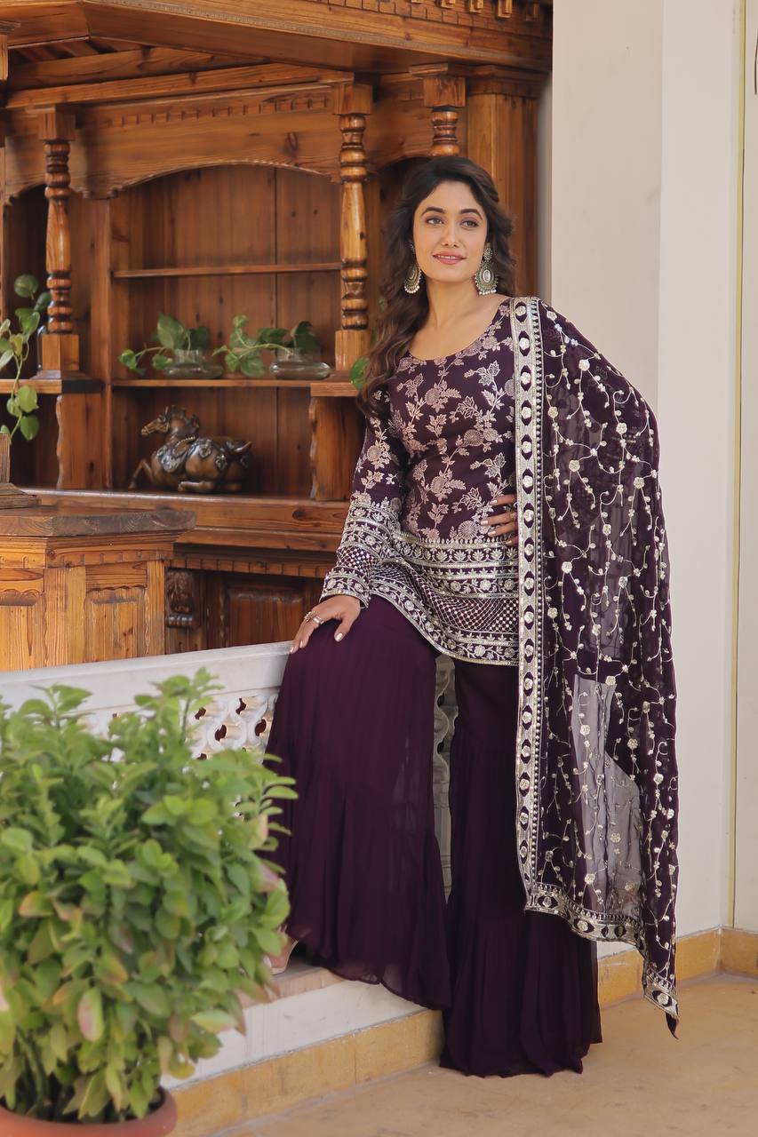 Wine Viscose Jacquerd Sequins And Zari Embroidered Work Top Gharara With Dupatta