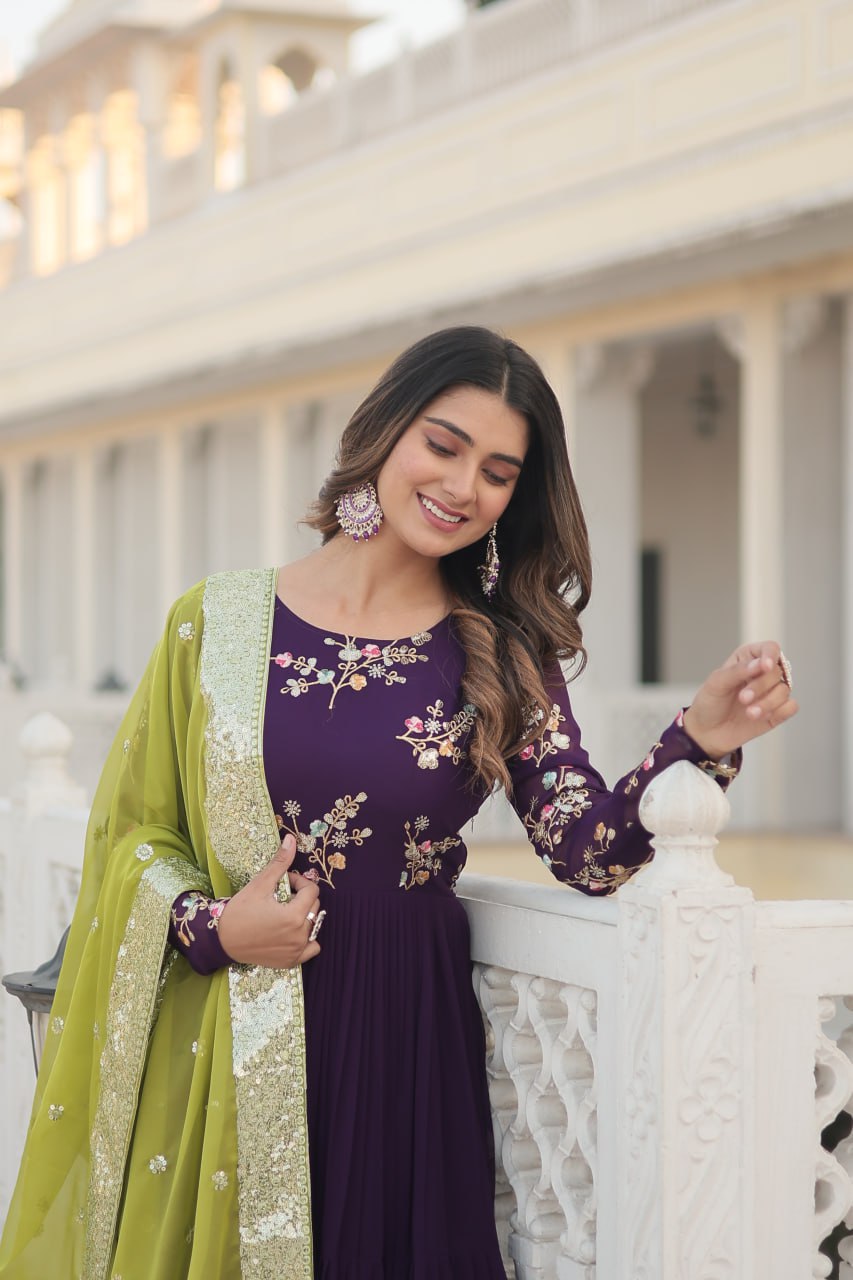 Purple Faux Georgette Gown With Russian Silk Dupatta With Adorable Embroidered Thread Work