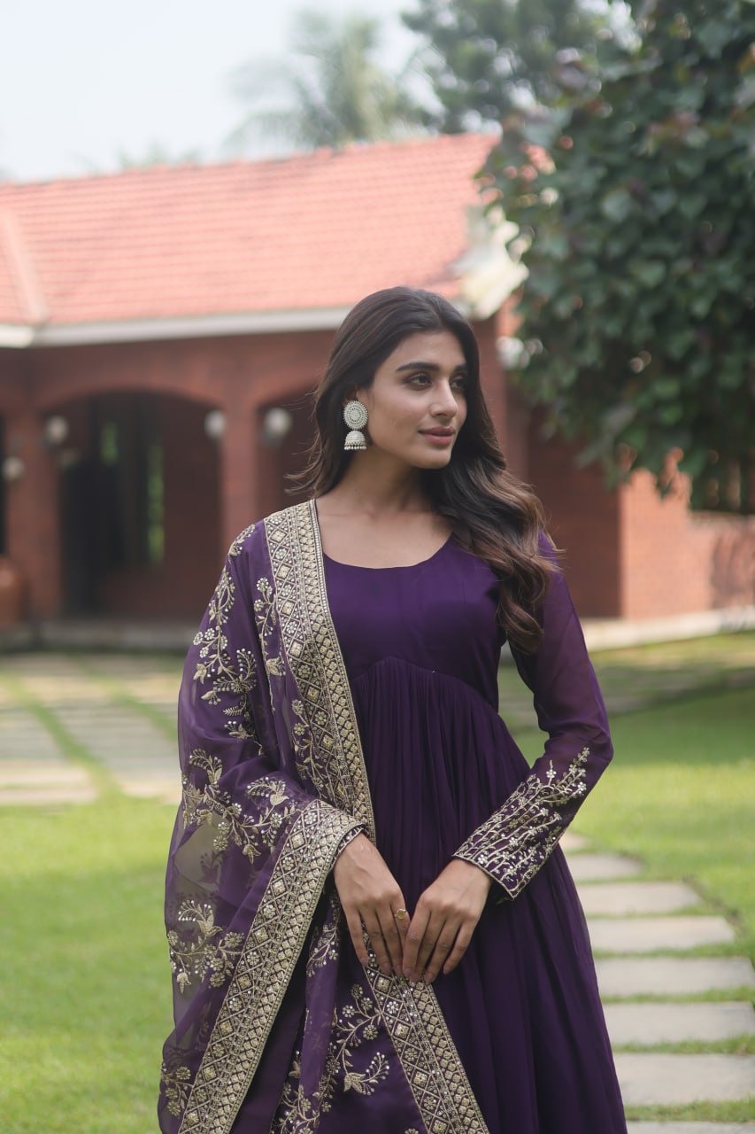 Purple  Faux Blooming Gown With Dupatta With Attractive Embroidered Sequins Work With Lace Border