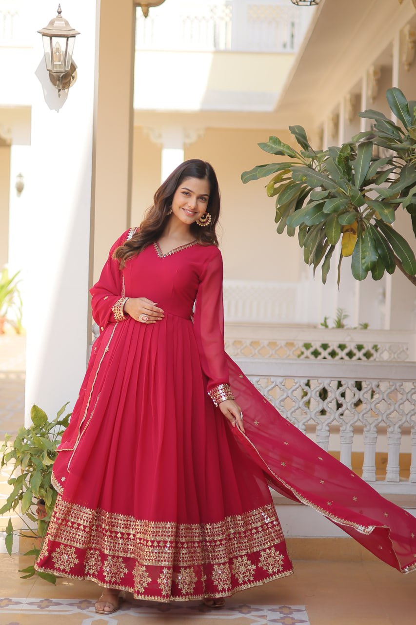 Pink Colour Faux Blooming Gown With Dupatta With Attractive Embroidered Sequins Work