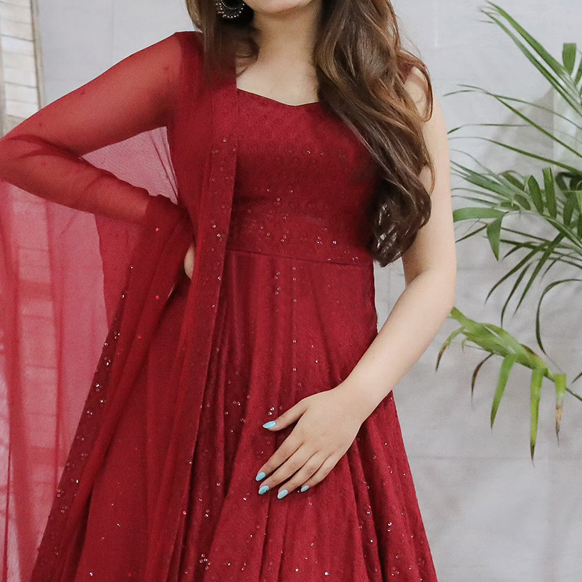 Maroon Designer Anarkali Gown In Rayon With Lucknowi Chikankari Embroidery Work