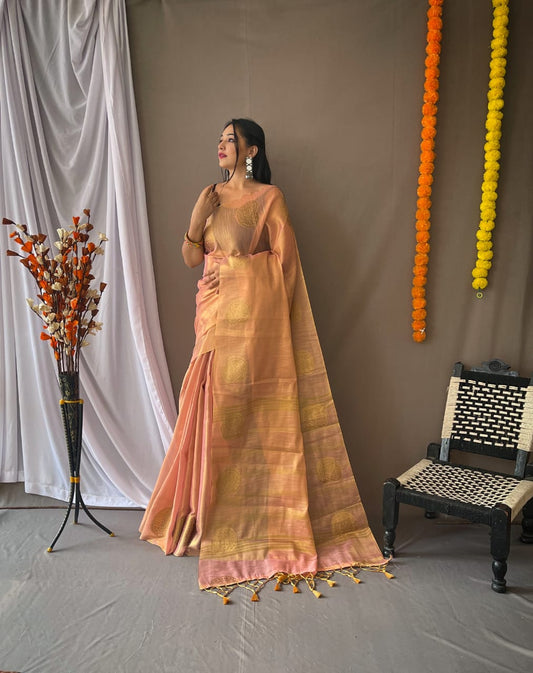 Pink  Zari Woven Tissue Silk Sarees With Chit Pallu
