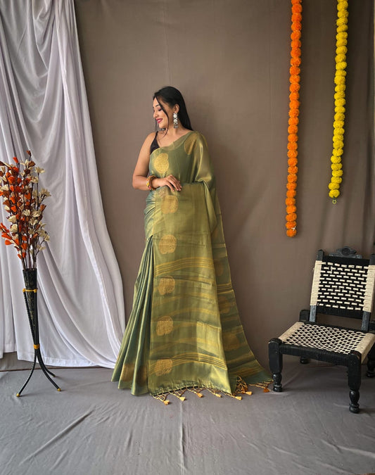 Light Green  Zari Woven Tissue Silk Sarees With Chit Pallu