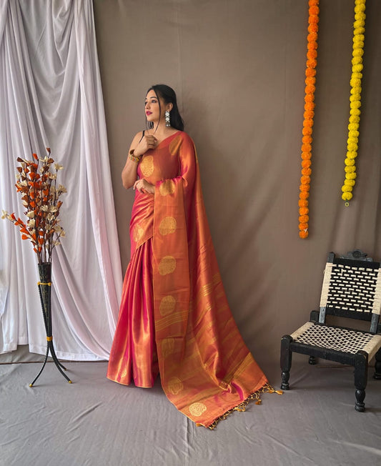 Red Zari Woven Tissue Silk Sarees With Chit Pallu