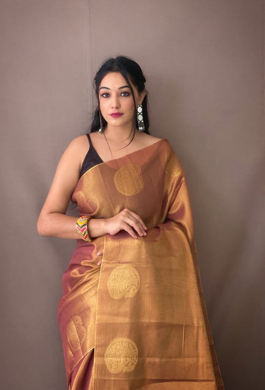 Brown  Zari Woven Tissue Silk Sarees With Chit Pallu