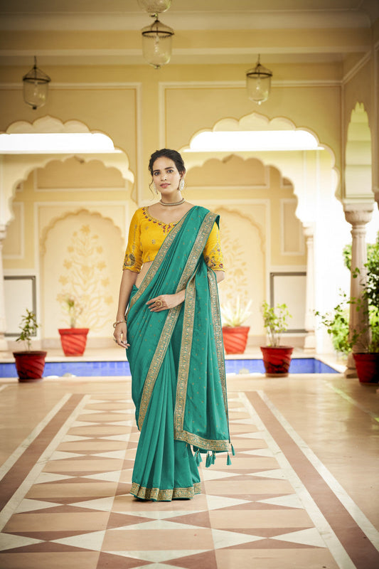Rama Green Sequence With Swarovski Work Vichitra Silk Saree