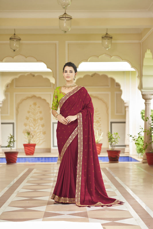 Red Sequence With Swarovski Work Vichitra Silk Saree