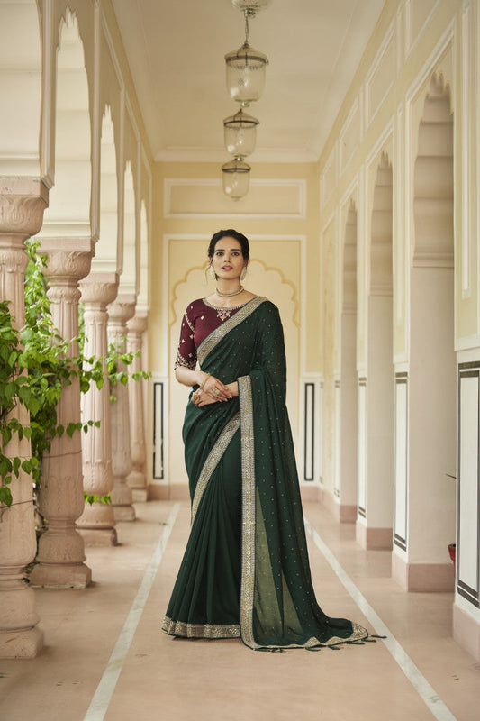 Green Sequence With Swarovski Work Vichitra Silk Saree