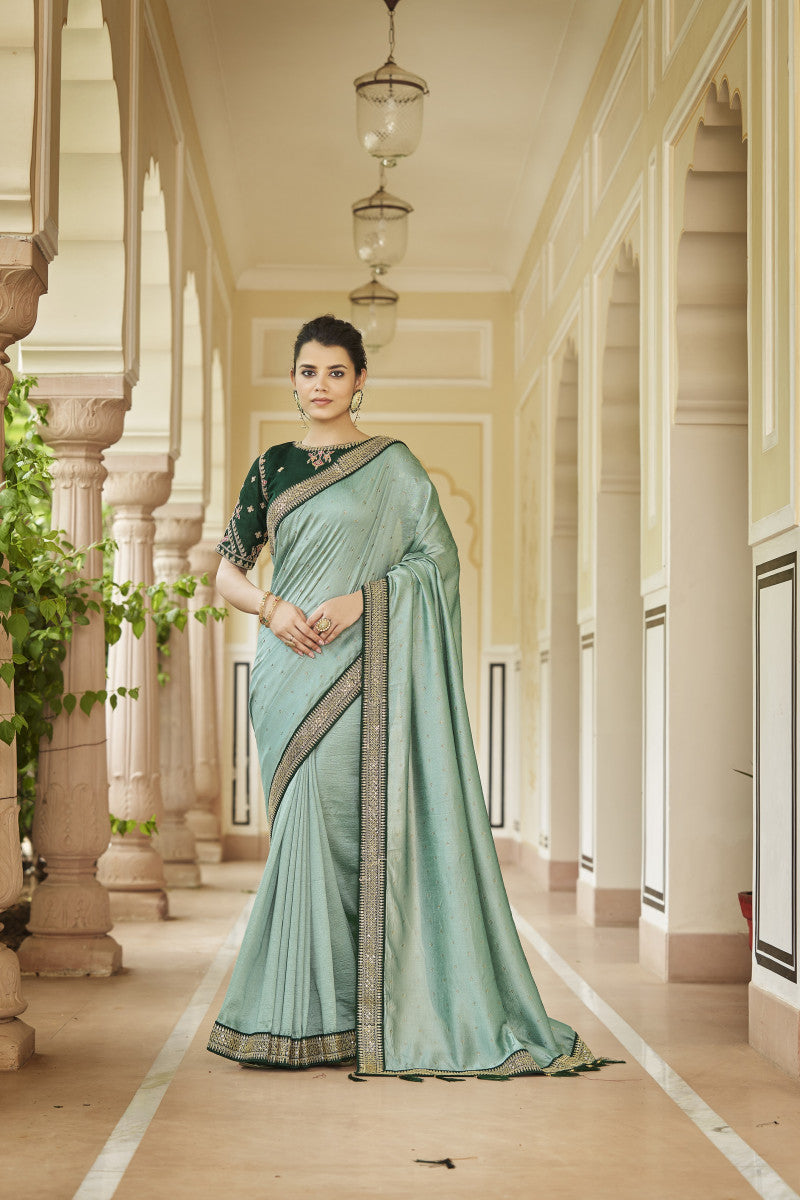 Sea Green Sequence With Swarovski Work Vichitra Silk Saree