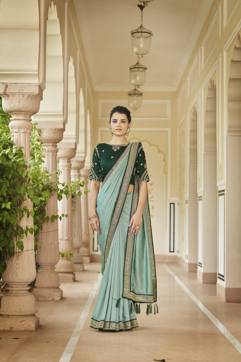 Sea Green Sequence With Swarovski Work Vichitra Silk Saree