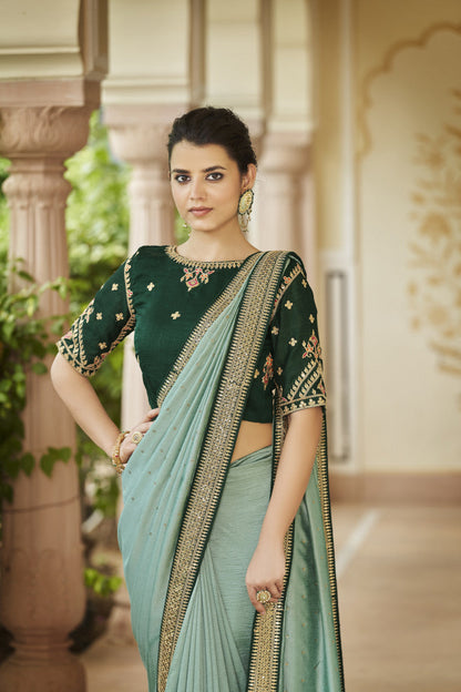 Sea Green Sequence With Swarovski Work Vichitra Silk Saree