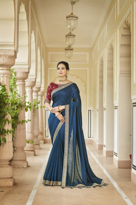 Blue Sequence With Swarovski Work Vichitra Silk Saree